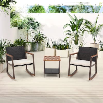 3 Piece Rocking Chair Patio Bistro Set Balcony Chairs Conversation Sets With Coffee Table & Cushions