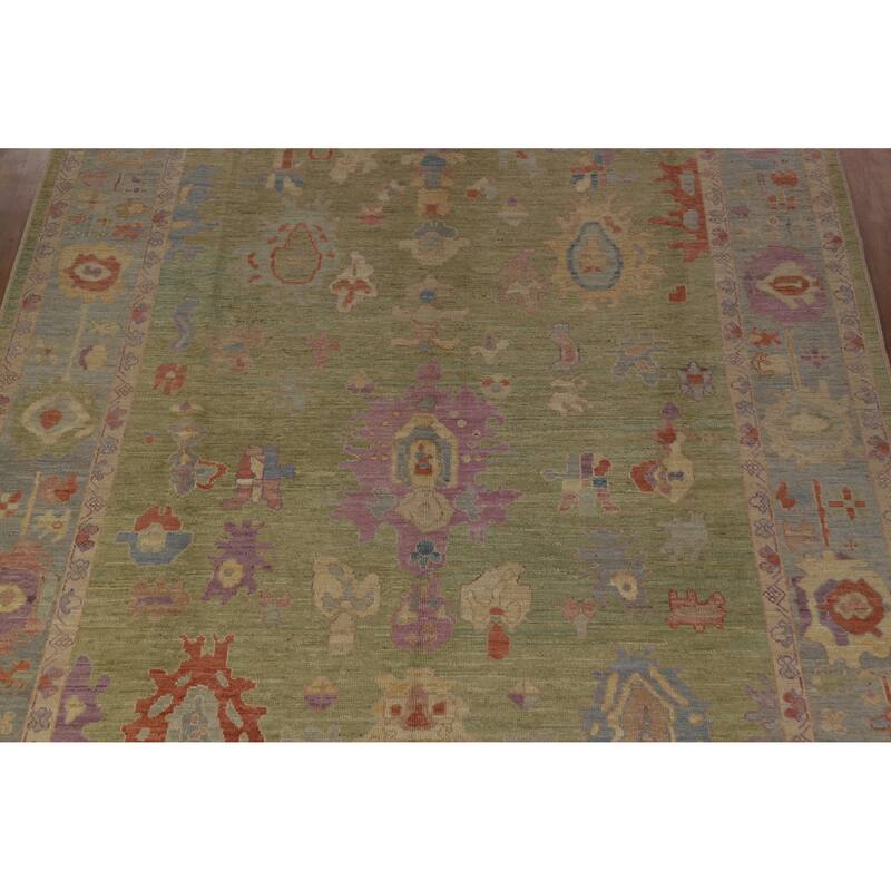 Hand Knotted Oriental 100% Wool Carpet Transitional All-Over Green Oushak Area Rug - 12' 5'' X 9' 3''