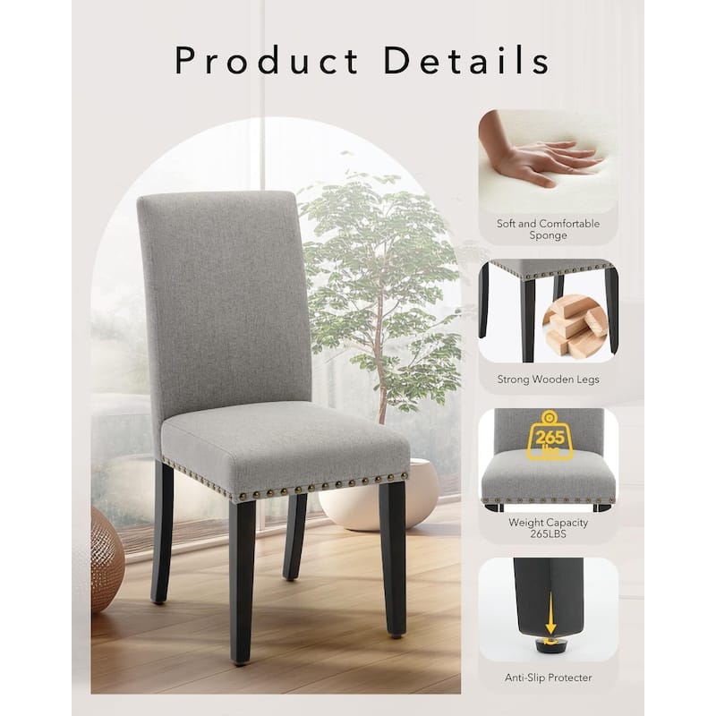 Upholstered Dining Chairs Set of 2, with Nailhead Trim & Padded Seat, Wood Legs, Fabric/Leather Options
