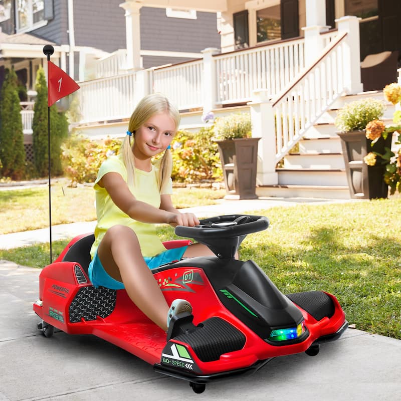12V Electric Drift Go-Kart with Lights & Music, 5 MPH Battery-Powered Ride-On for Ages 8-12