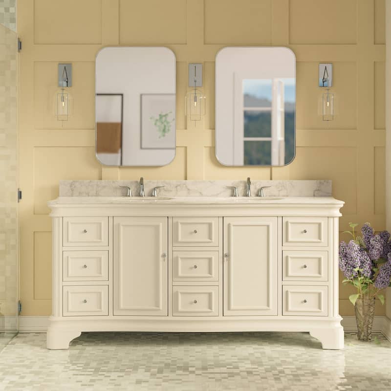 KitchenBathCollection Katherine 72" Double Bathroom Vanity with Carrara Marble Top - White