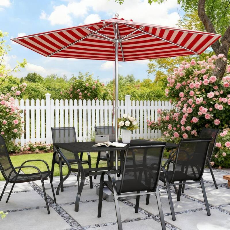 GDFStudio Outdoor Ondine Steel Outdoor Dining Table with Umbrella Hole for Six - Black