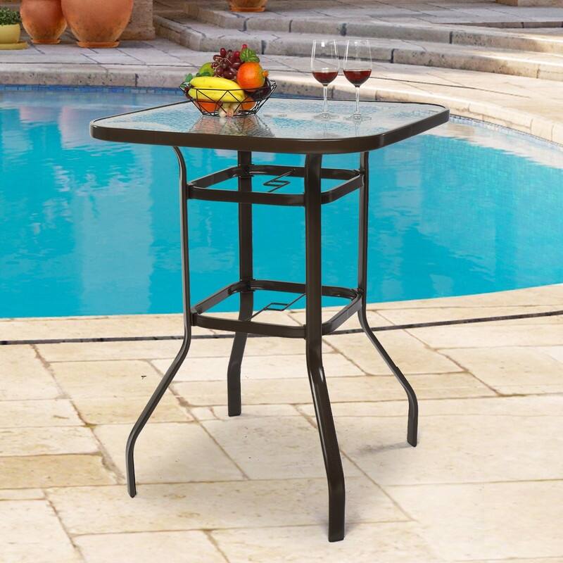 31 Inch Tempered Glass Tabletop Square Patio Bar Table with Umbrella Hole - N/A
