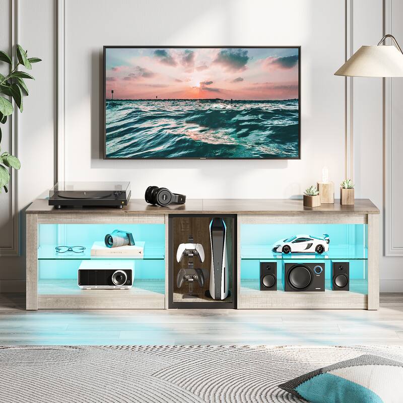 63" TV Stand Gaming Entertainment Center for TVs up to 70" with LED Lights Cabinet and Shelves