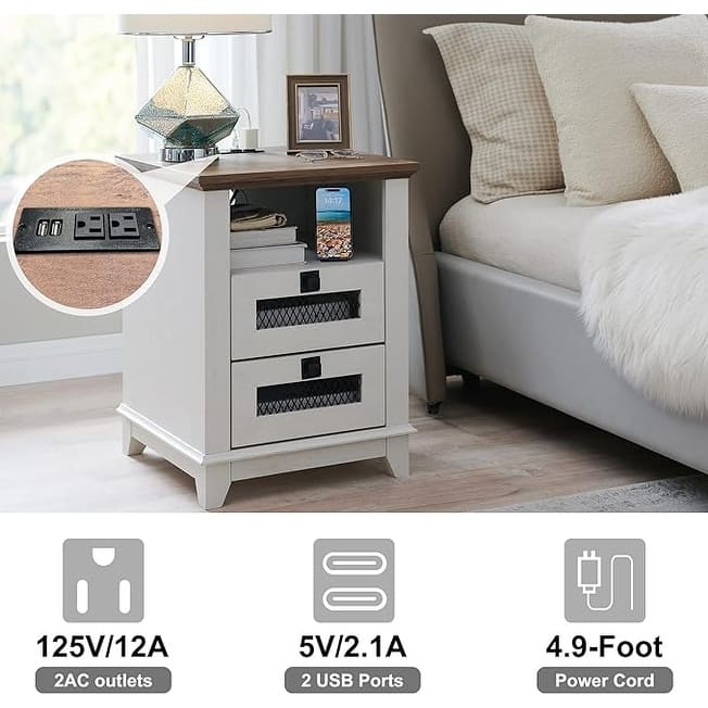 Farmhouse Nightstand Set of 2 with Charging Station, End Table