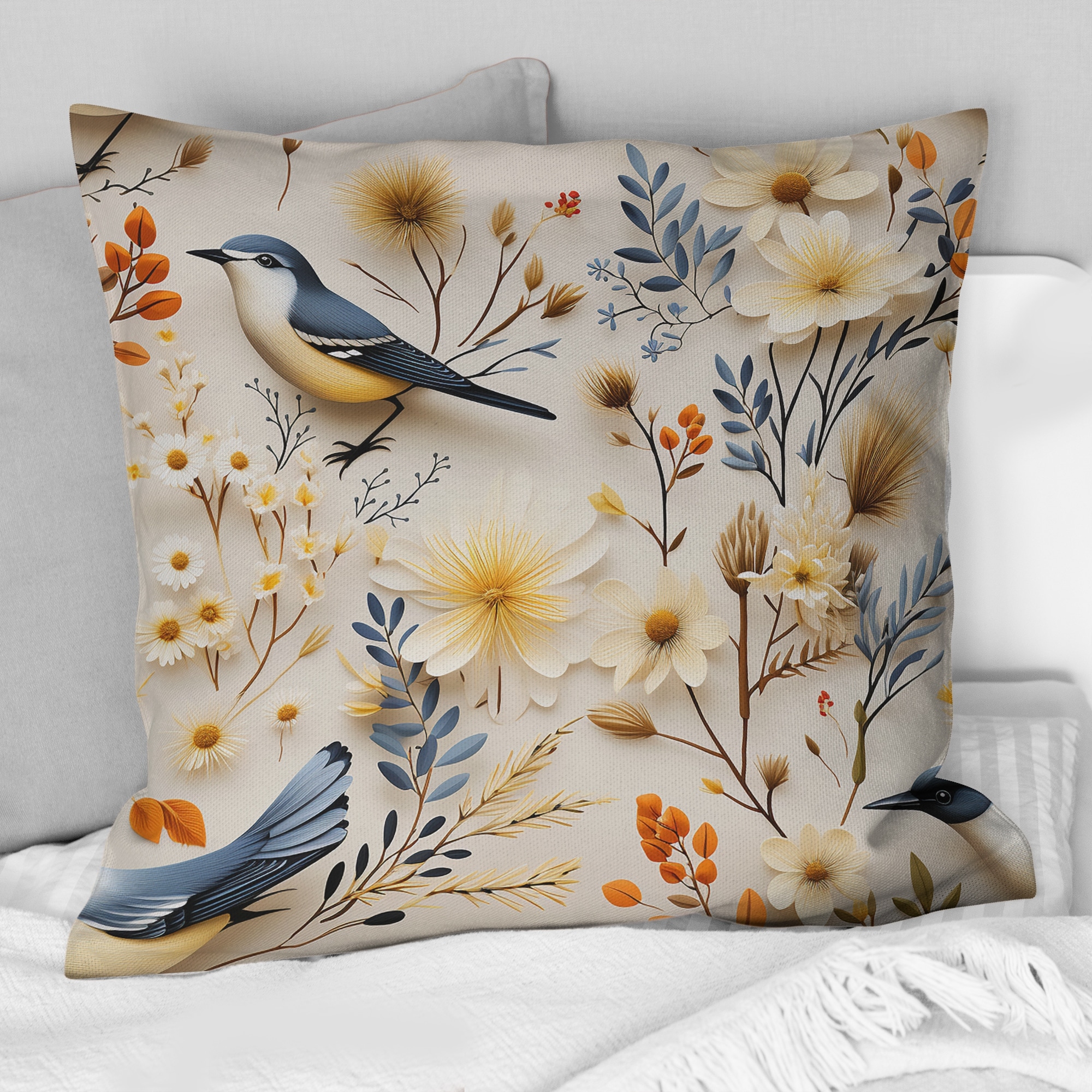 Designart "Blue And Yellow Scandinavian Floral Bird Elegance" Floral Printed Throw Pillow