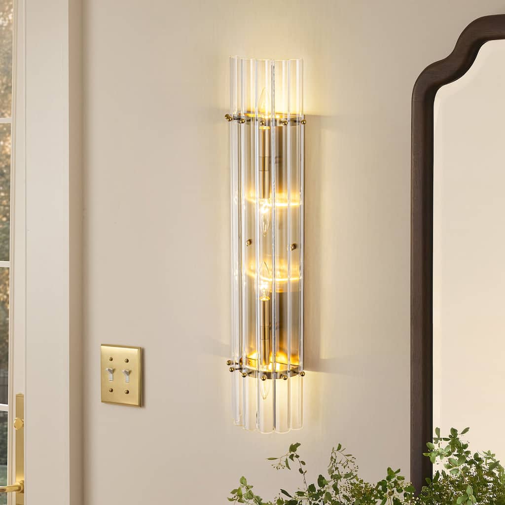Rennnsan 4-Light Modern Wall Sconce Gold Linear Clear Glass Bathroom Vanity Light - 5.6 in. L x 3.5 in. D x 27.0 in. H