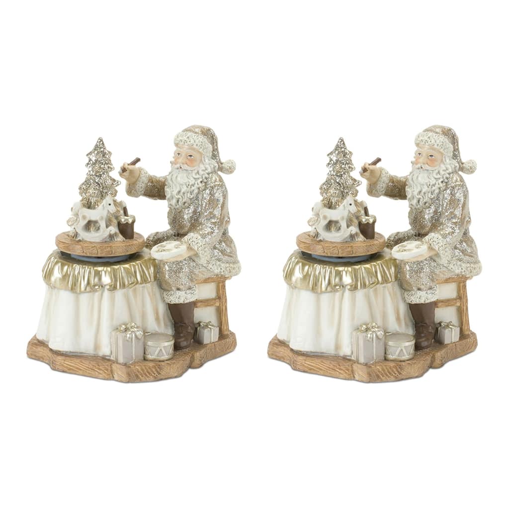 2 Gold & White Santa Spinning Christmas Tree Tabletop Decorations 6.5"