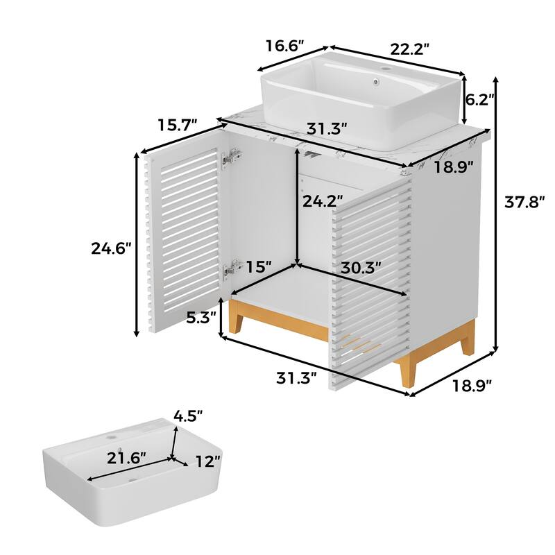 31" Bathroom Vanity with Sink, Modern Freestanding Bathroom Vanity Cabinet Artificial Stone Basin and Solid Wood Leg