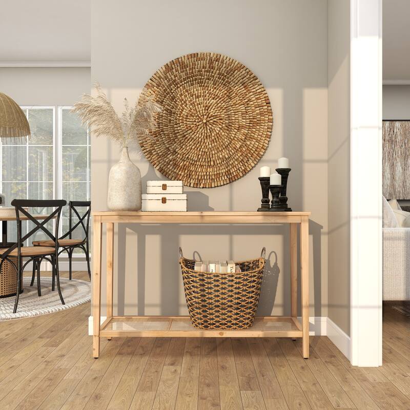 Brown Wood Slim Natural 1 Shelf Console Table with Glass Top and Rattan Shelf