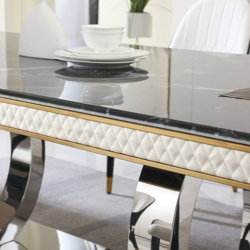 Luxury Modern Dining Table 78.7inch Black Dining Table with 8 chairs Faux Marble Dining Table Top with Dual Circle Bas