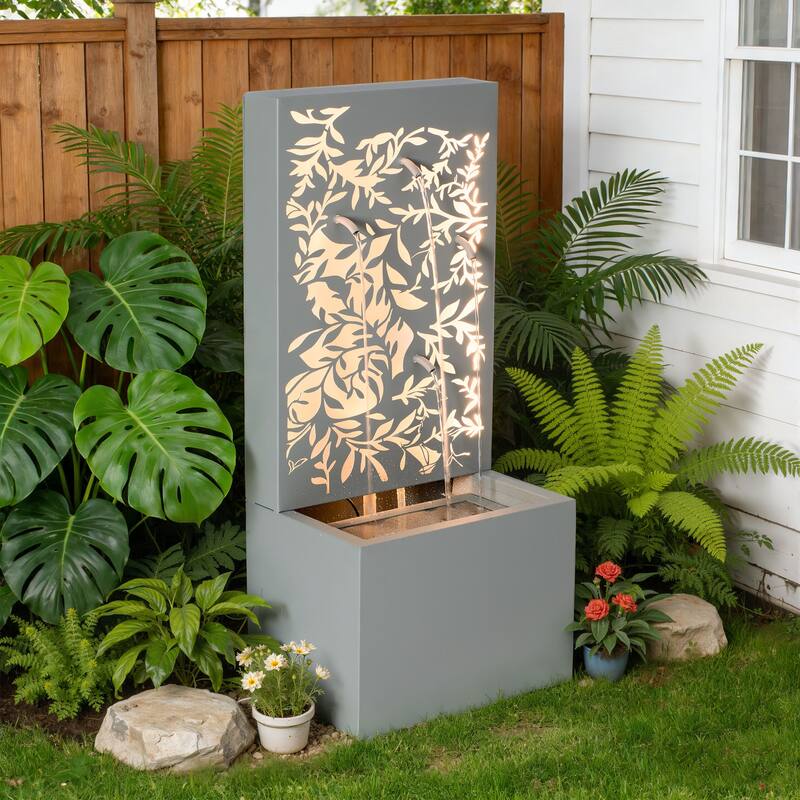 Christopher Knight Home - Modern 30.71"H Metal Water Wall Fountain with LED Lights & Leaf Cutout Design - Grey