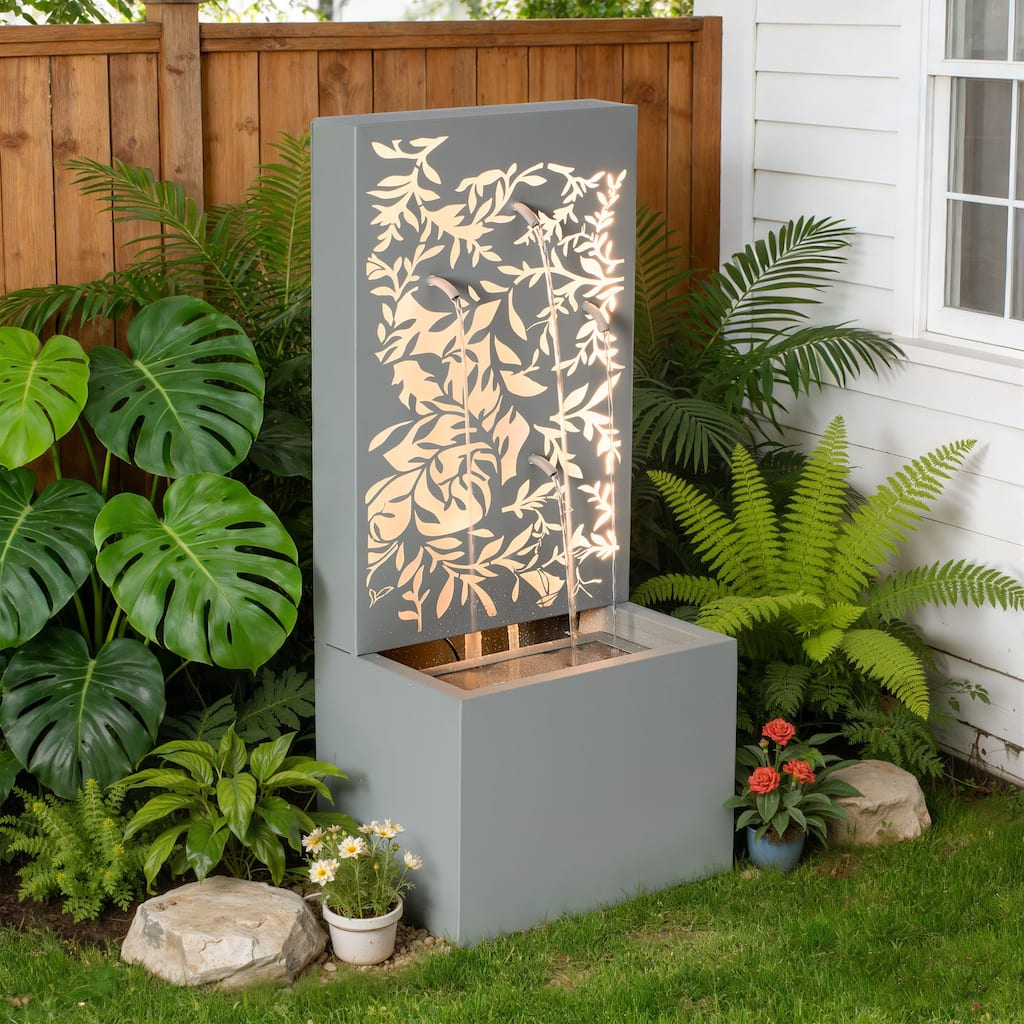Christopher Knight Home - Modern 30.71"H Metal Water Wall Fountain with LED Lights & Leaf Cutout Design