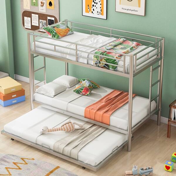 slide 2 of 24, Elegant Twin over Twin Bunk Bed with Trundle Silver