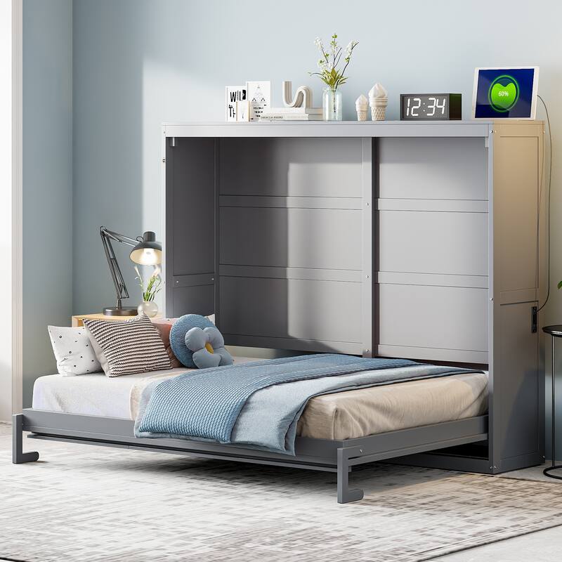 Queen Size Foldable Wall Bed with Space-Saving Cabinet, Gray