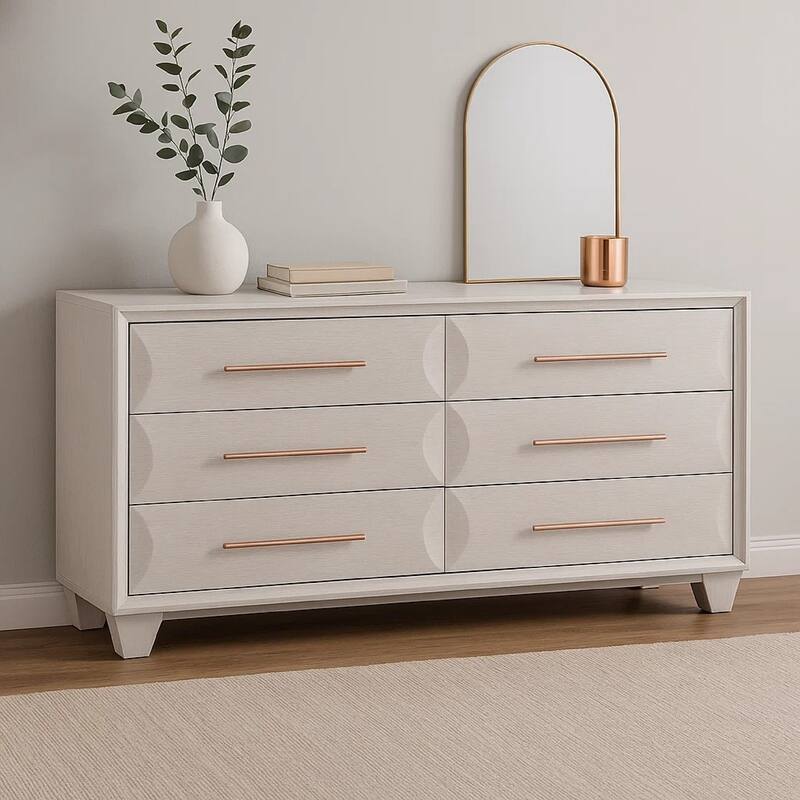 Nitz 6 Drawer Wide Dresser, White Oak Solid Wood Frame, Rose Gold Handles