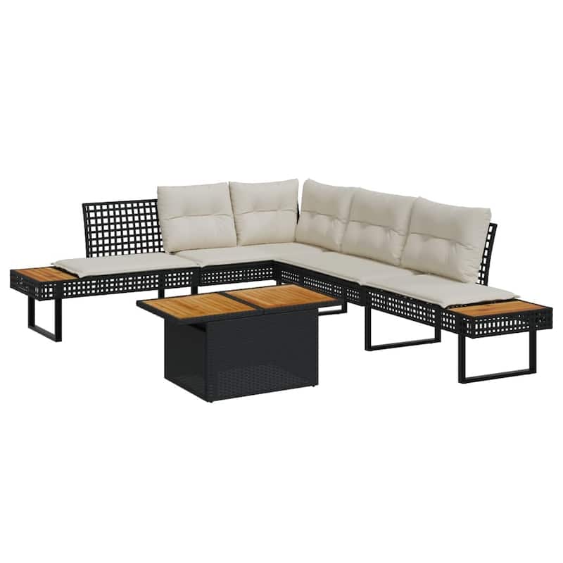 vidaXL 2 Piece Patio Sofa Set with Cushions Outdoor Poly Rattan and Acacia - 111.0 x 89.8 x 29.1 - Black-adjustable tabletop