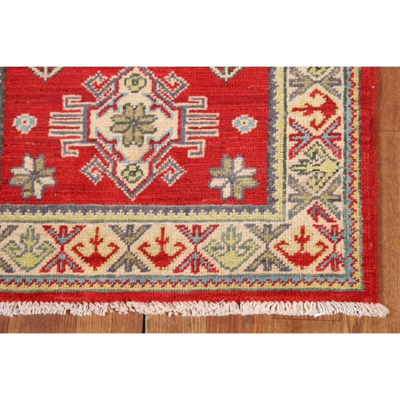 Red Geometric Kazak Oriental Runner Rug Handmade Wool Carpet - 2'1" x 5'10"