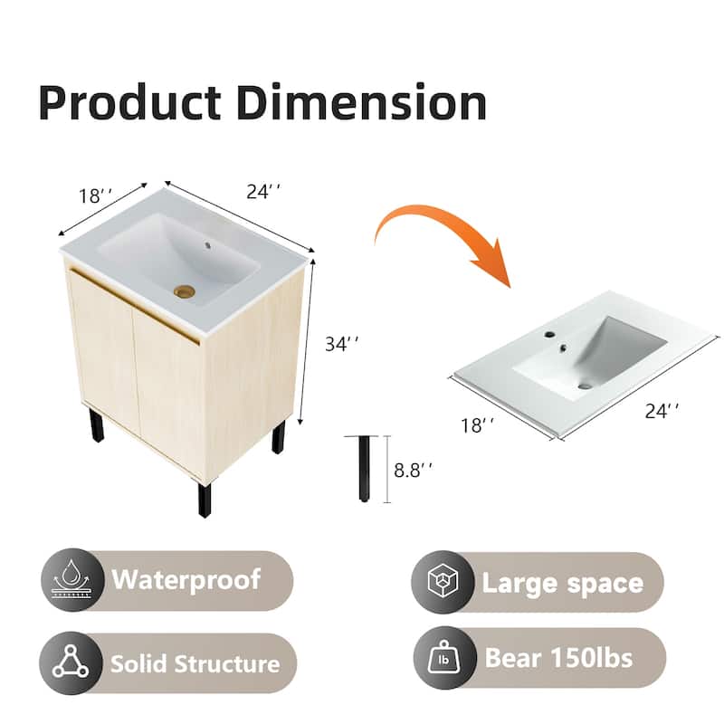 24 Inch Bathroom Vanity with Sink, Floor Standing MDF Cabinet with Soft-Close Drawers and Modern Design