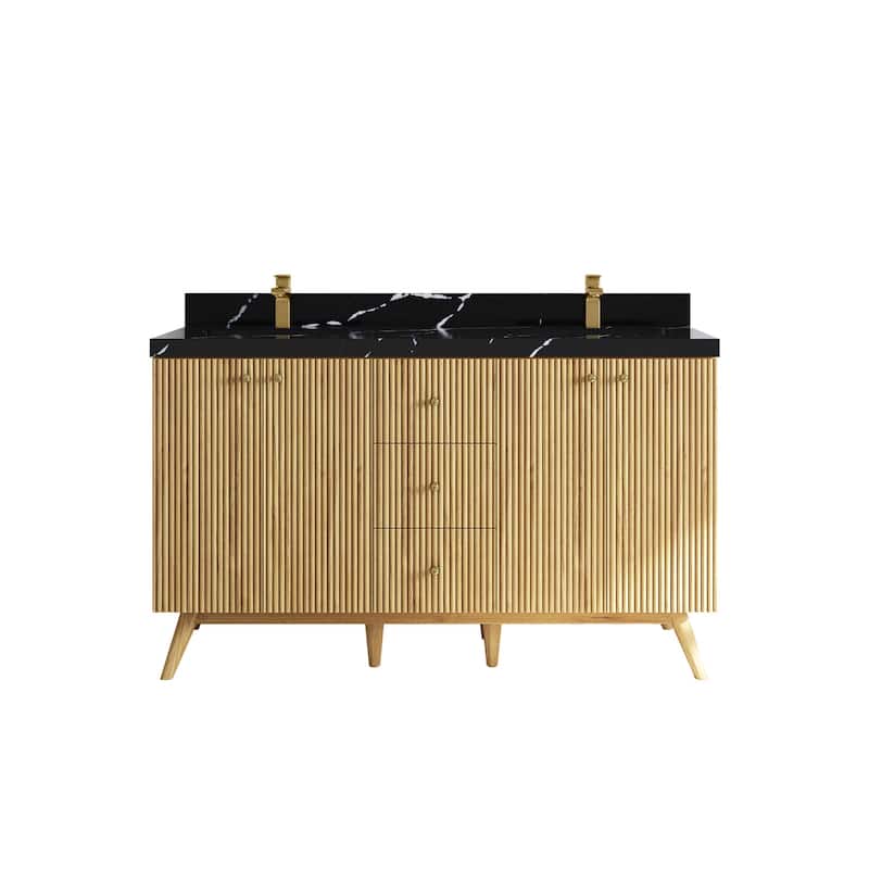 Willow Collections 60 in. W x 22 in. D Pasadena Solid Teak Double Sink Bathroom Vanity with Countertop - 2"Calacatta Black - Light Natural