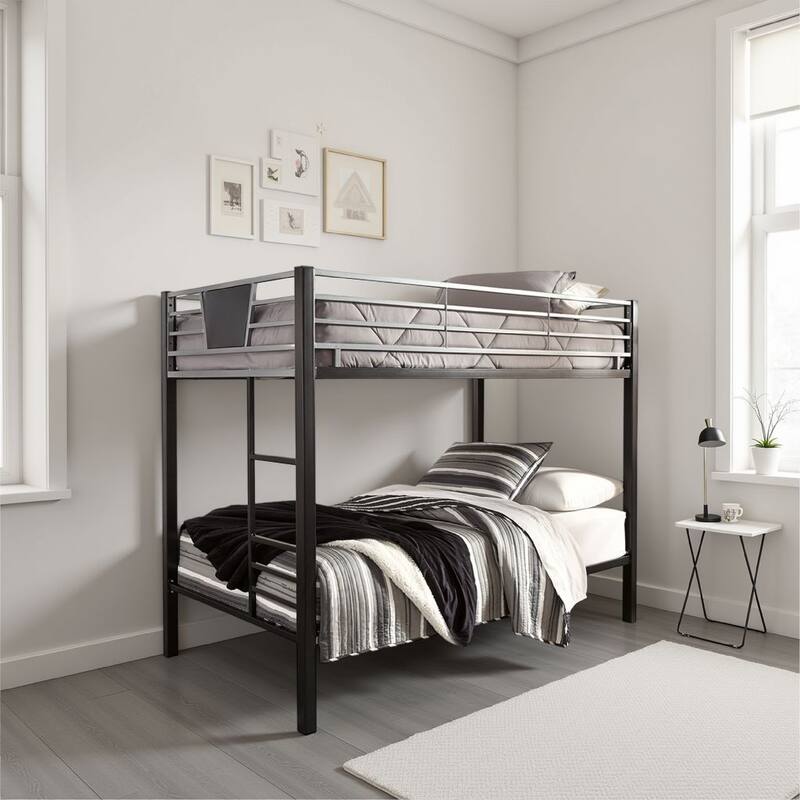 Pala Twin Over Twin Bunk Bed, Guard Rails, Black and Gray Metal Frame