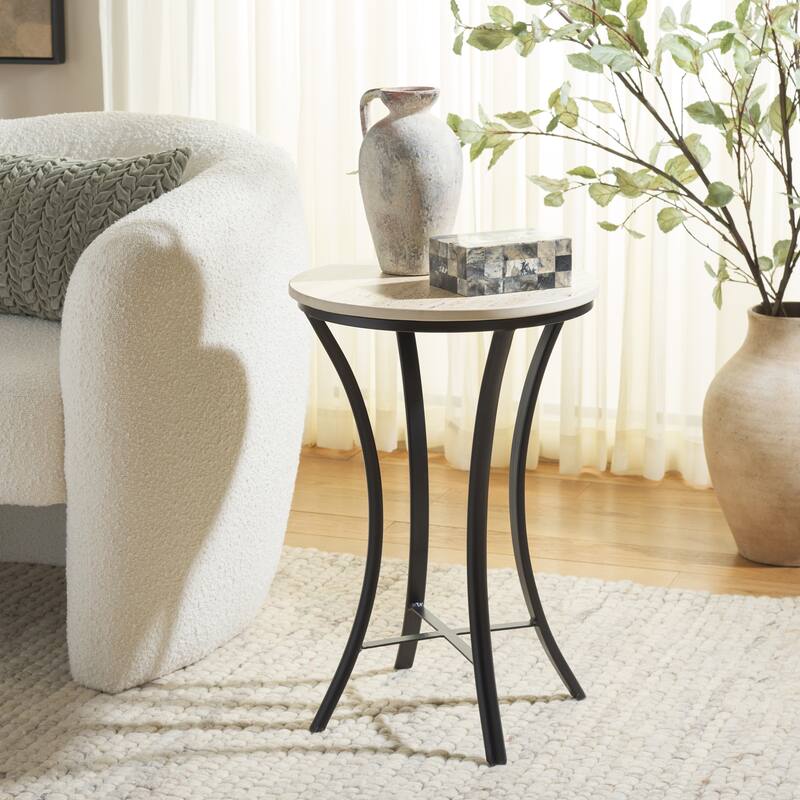 SAFAVIEH Home Saxony Travertine Side Table - 16"W x 16"D x 24"H - Beige/Black
