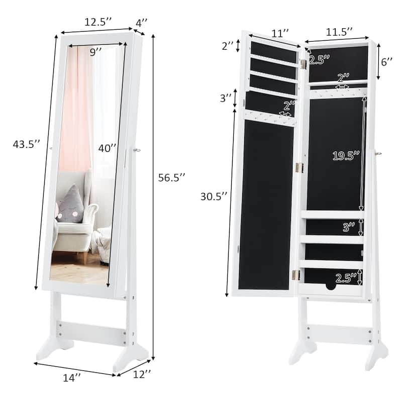 Mirrored Standing Jewelry Cabinet Storage Box-White - 13" x 14.5" x 56" (L x W x H)