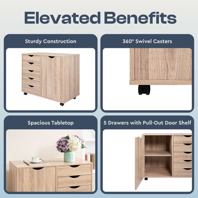 5-Drawer Wood Storage Dresser Cabinet with Wheels - Craft Organizer and Makeup Drawer Unit for Closet and Bedroom