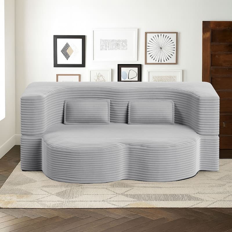 Modern Minimalist Compressed Upholstered Convertible Two-Seater Sofa Bed with 2 Pillows - Light Grey Corduroy