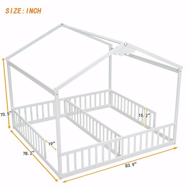 dimension image slide 1 of 2, Double Twin House-Style Floor Bed with Fence and Guardrails, No Door