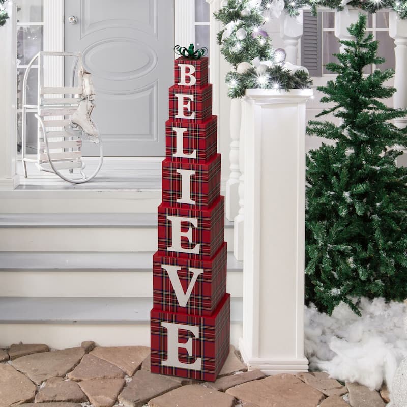 Glitzhome 42"H Wooden Double-Sided "BELIEVE" Porch Sign Decor