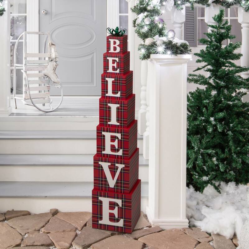 Glitzhome 42"H Wooden Double-Sided "BELIEVE" Porch Sign Decor