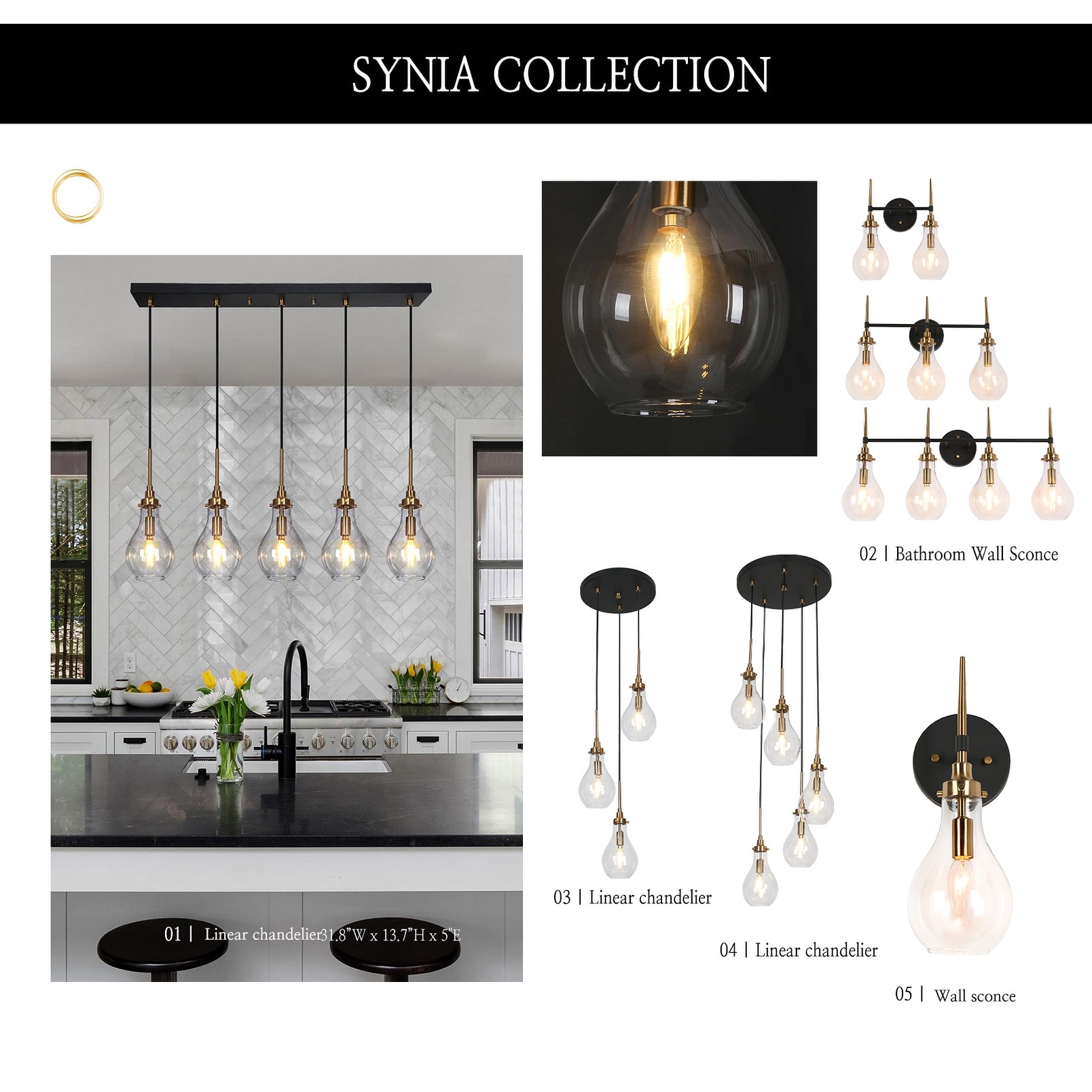 Synia Mid Century Modern Black Gold Linear Chandelier 5 Light Bar Cluster Kitchen Island Light Dining Room L 31.8 x W 5 x H 74.3