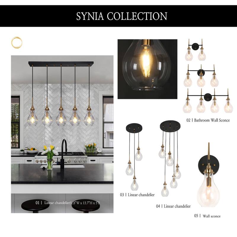 Synia Mid-century Modern Black Gold Linear Chandelier 5-Light Bar Cluster Kitchen Island Light Dining Room