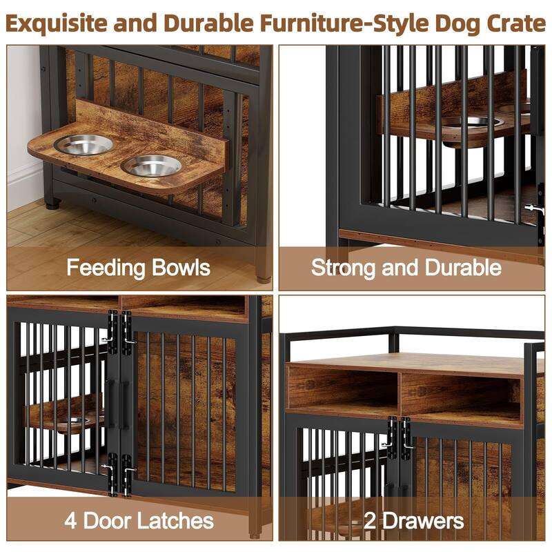 Heavy Duty Dog Crate Furniture, with Double Doors & Storage