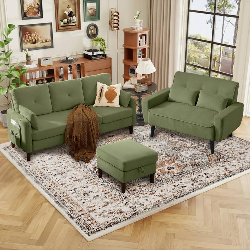 77.17" Corduroy 3 Pieces Living Room Sets with Sofa, Ottoman and Loveseat
