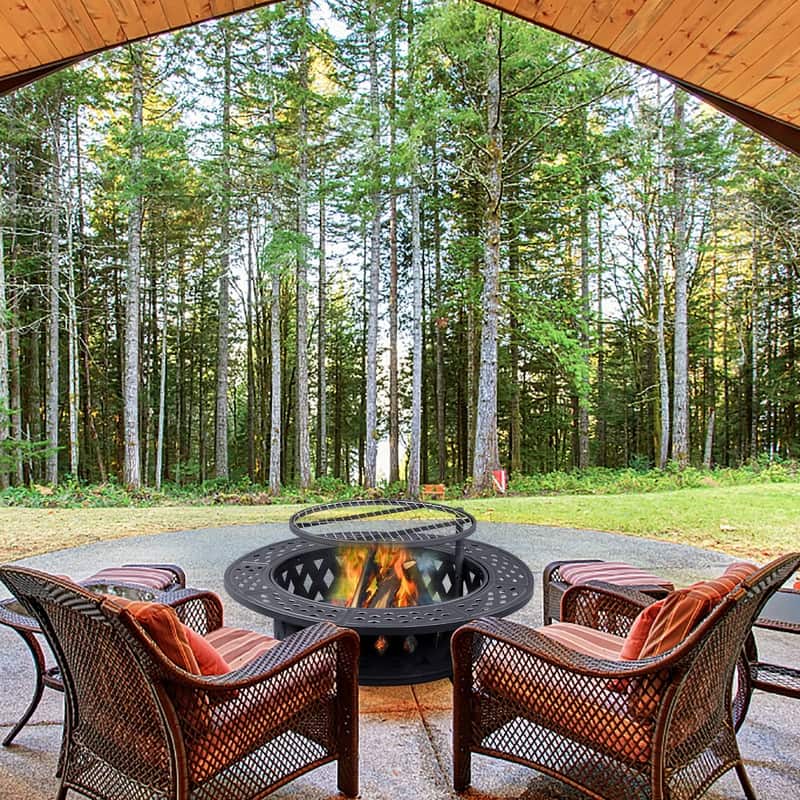 38"W x 25"H Round Iron Wood Burning Black Fire Pit Table with 20" Fire Poker - 38" W