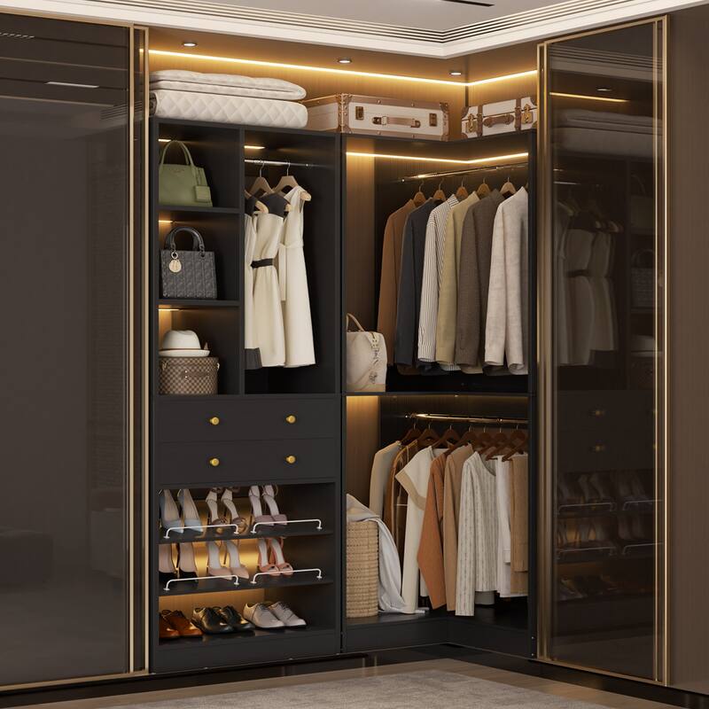 Set of 2/ 3 Coner Closet System with Shoe Racks and Drawers, Freestanding Closet Organizer with Hanging Rods and Shelves - Black - Set of 2