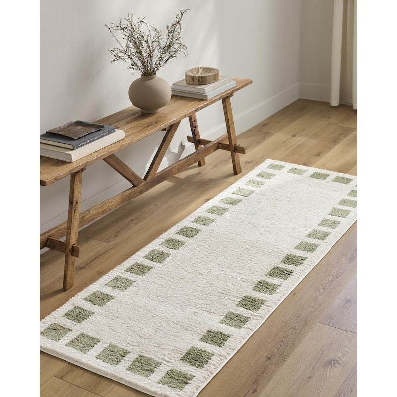 Livabliss Scandinavian Fossay Shag Checkered Washable Area Rug - 5'3" x 7' - Light Beige/ Grass Green