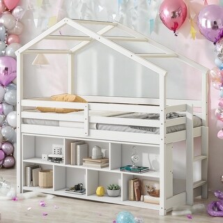Artsy Twin House Loft Bed with Under Bed Shelving Storage Unit, Guardrails and Ladder, Functionality and Practicability, White