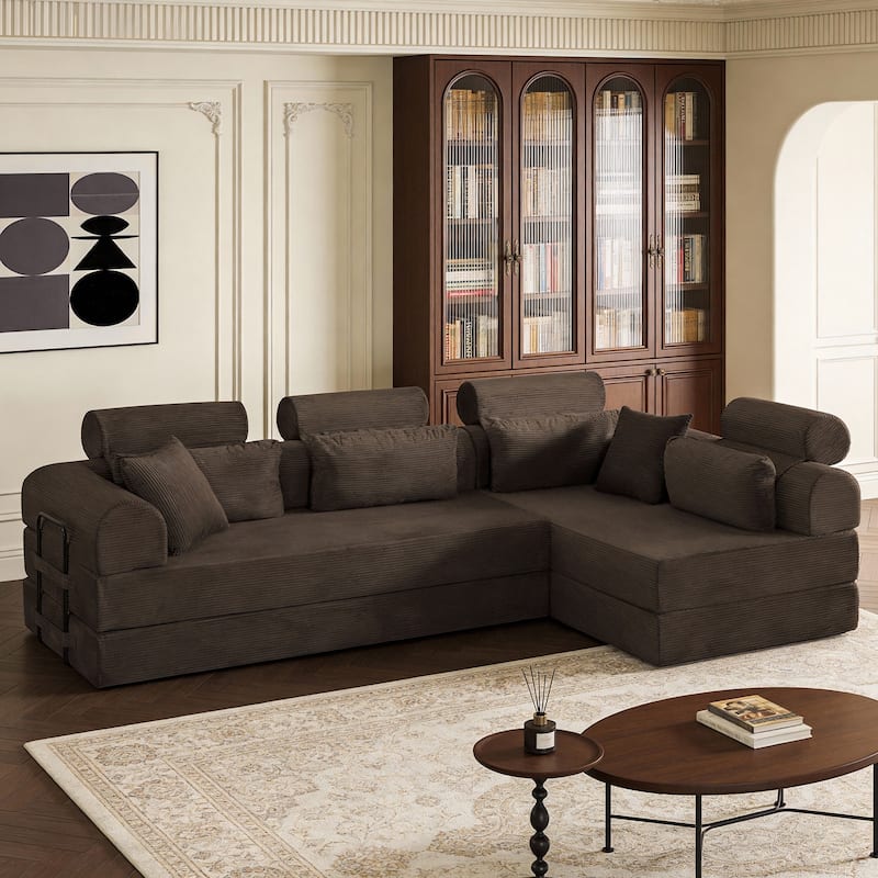 L shape Modular Sectional Sofa, Compressed Sectional Sofa Corduroy Couch, Unfold into a bed, Comfy Compressed Sofa Couch - Brown