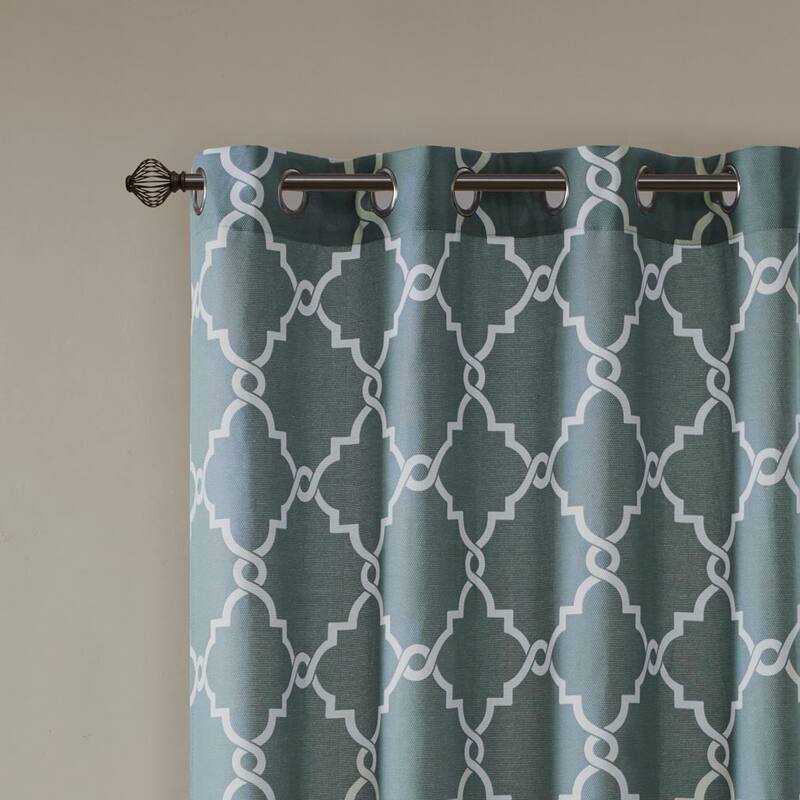 Fretwork Print Grommet Top Window Curtain Panel(Only 1 Pc Panel) - White+Blue - 108 Inches