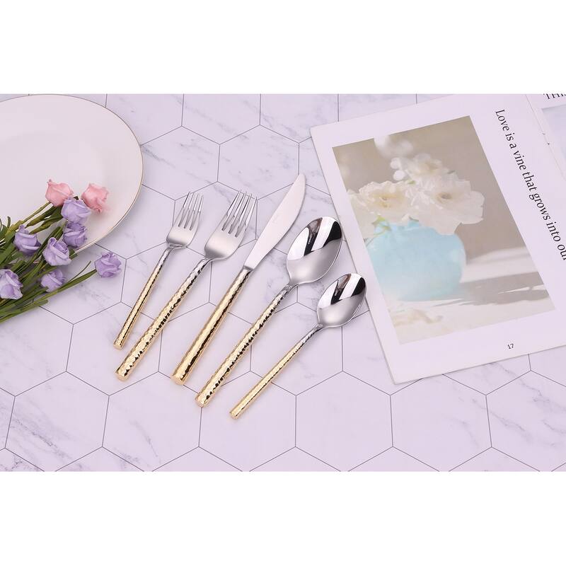 20 Pc Flatware Set Silver With Graduated Gold Pebbled Handles - Service For 4