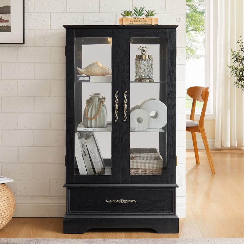 Elegant Lighted Curio Cabinet With Customizable Shelving - Two Glass Doors, Built-In Storage Drawer .