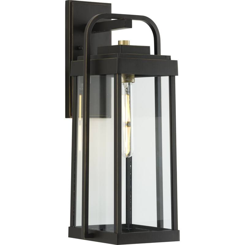 Walcott Collection One-Light Antique Bronze with Brasstone Accents Clear Glass Transitional Outdoor Wall Lantern Light - 8.25 in x 8.25 in x 20 in