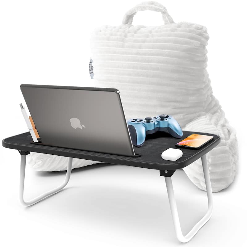 Nestl Cut Plush Reading Pillow with Portable Lap Desk Stand for Laptop - Shredded Memory Foam Back Support Bed Rest Pillow - Small - White