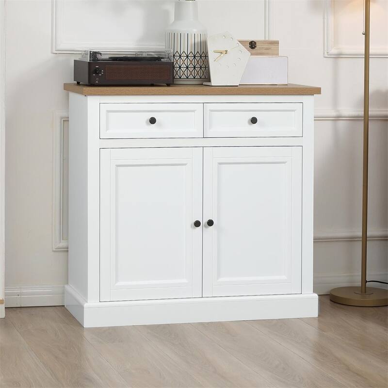 Wood Buffet Cabinet with 2 Drawers and Double Door - White