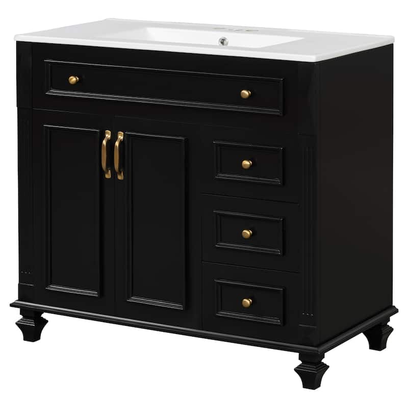 Roomfitters 36" Bathroom Vanity with Sink, Flip-Out Drawer, 3 Drawers, Soft-Close Doors, Solid Wood Cabinet