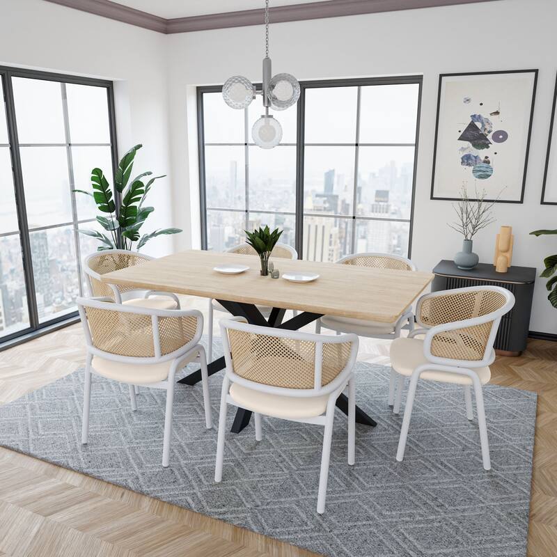 LeisureMod Set of 2 Minimalist Leather Dining Chairs with Wicker Back in Steel Frame - Side Chair for Home Office & Kitchen