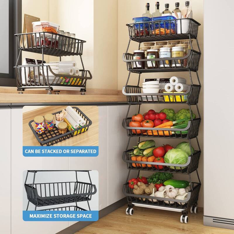 6 Tier Fruit Vegetable Basket for Kitchen, Fruit Vegetable Storage Cart/ Bins for Onions and Potatoes